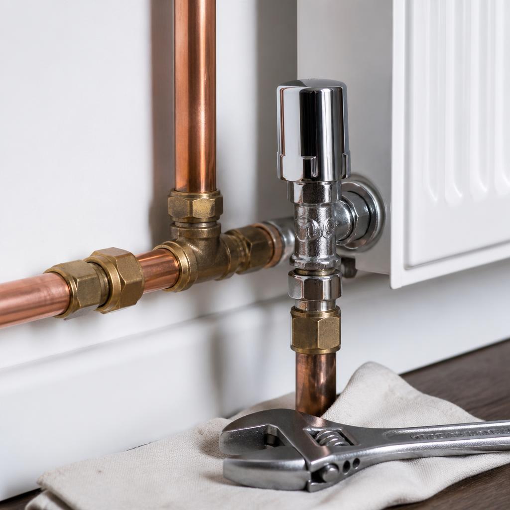 Copper pipework and chrome radiator valve